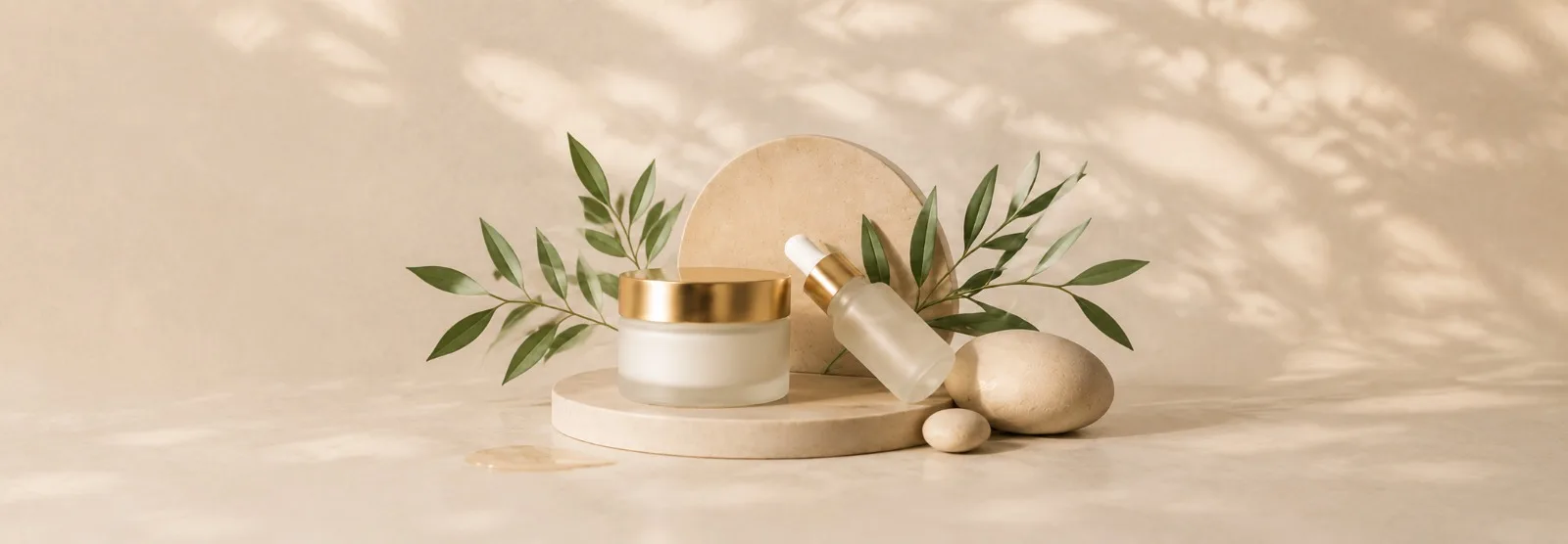 Wintrust cosmetic bottles, serum, and cream on stone